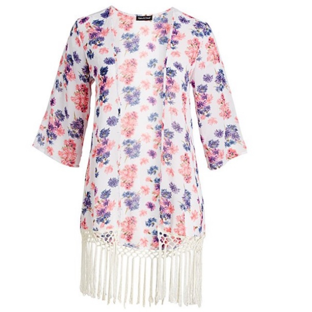Pink & Purple Floral Fringe Trim Kimono Womens